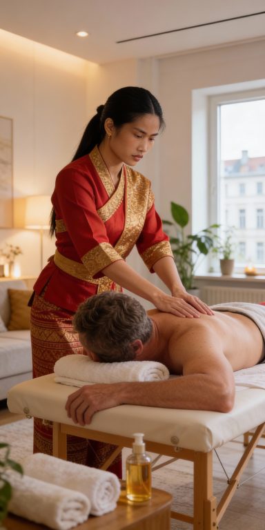 Professionelle mobile Thai Massage in Leipzig - Therapeutin massiert einen Mann in ruhiger Wellness Atmosphäre