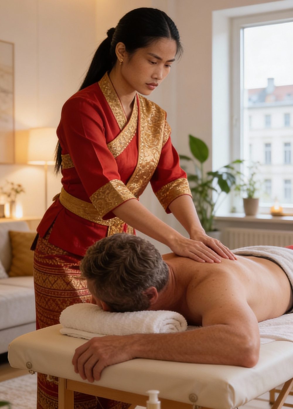 Professionelle mobile Thai Massage in Leipzig - Therapeutin massiert einen Mann in ruhiger Wellness Atmosphäre